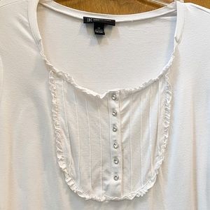 White strechy tuxedo t-shirt blouse rhinestone buttons INC 2x plus size